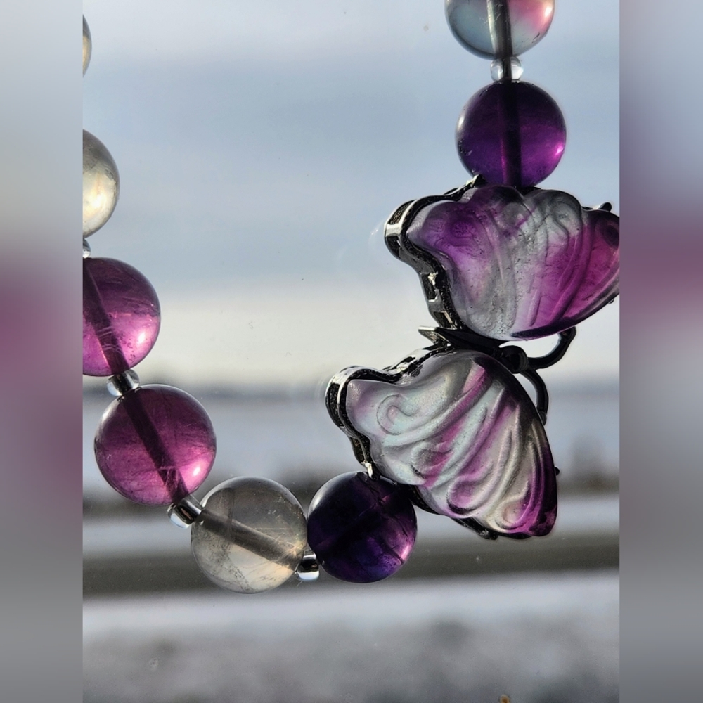 Handmade Genuine Candy Fluorite Butterfly Charm Beaded Crystal Bracelet - Picture 2 of 10